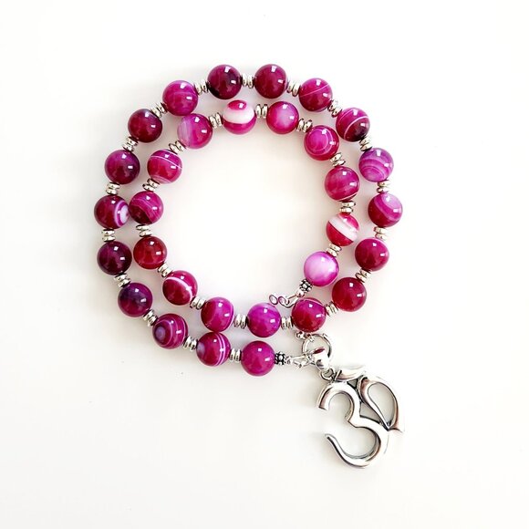 NECKLACE FUCHSIA STRIPE WITH STERLING SILVER OM PENDANT. - Picture 1 of 2